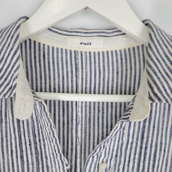 NIMES 100% Linen Shirt Dress Sz Medium Blue White Stripe Nautical Cottage - Picture 4 of 8